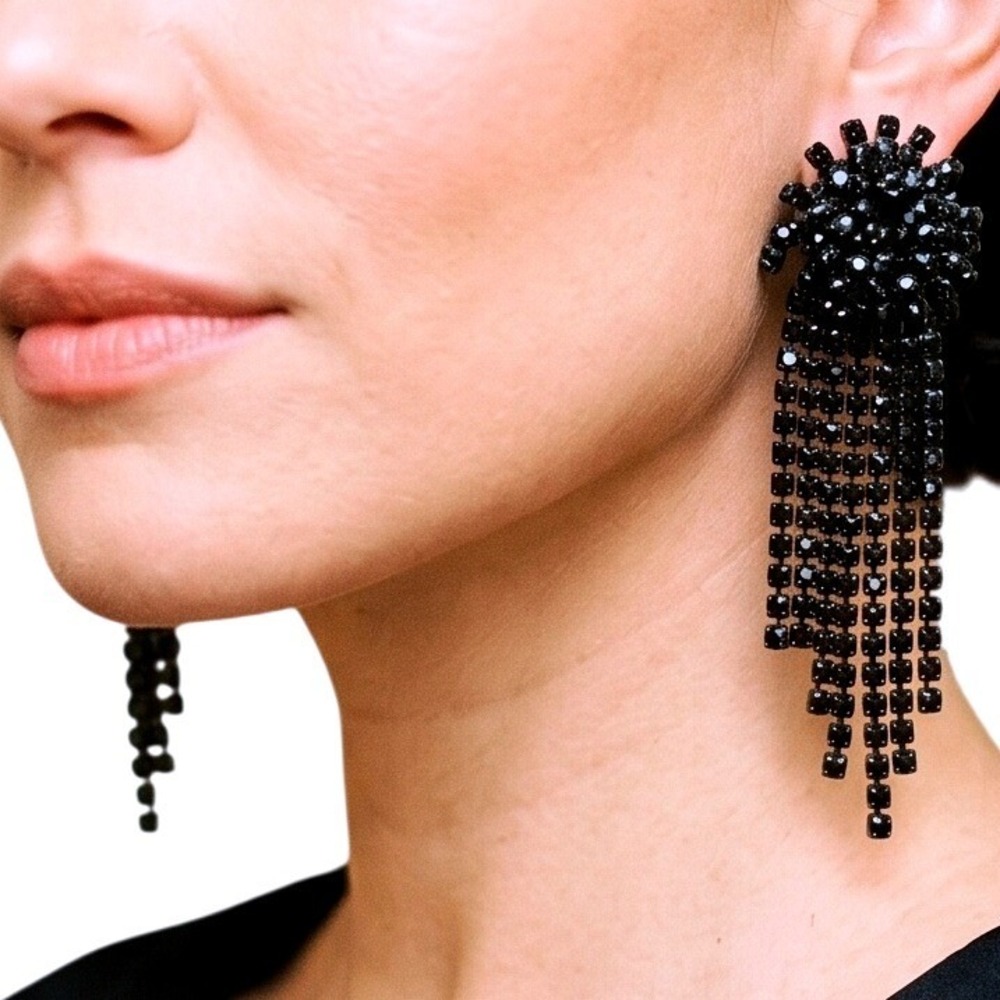 Vintage Black Rhinestone Waterfall Clip On Earrings Statement Fringe Gunmetal